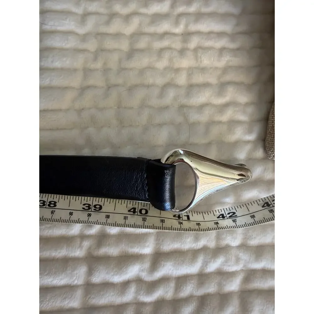 Chicos Leather Adjustable Slide Belt Black Silver Fish Hook Buckle